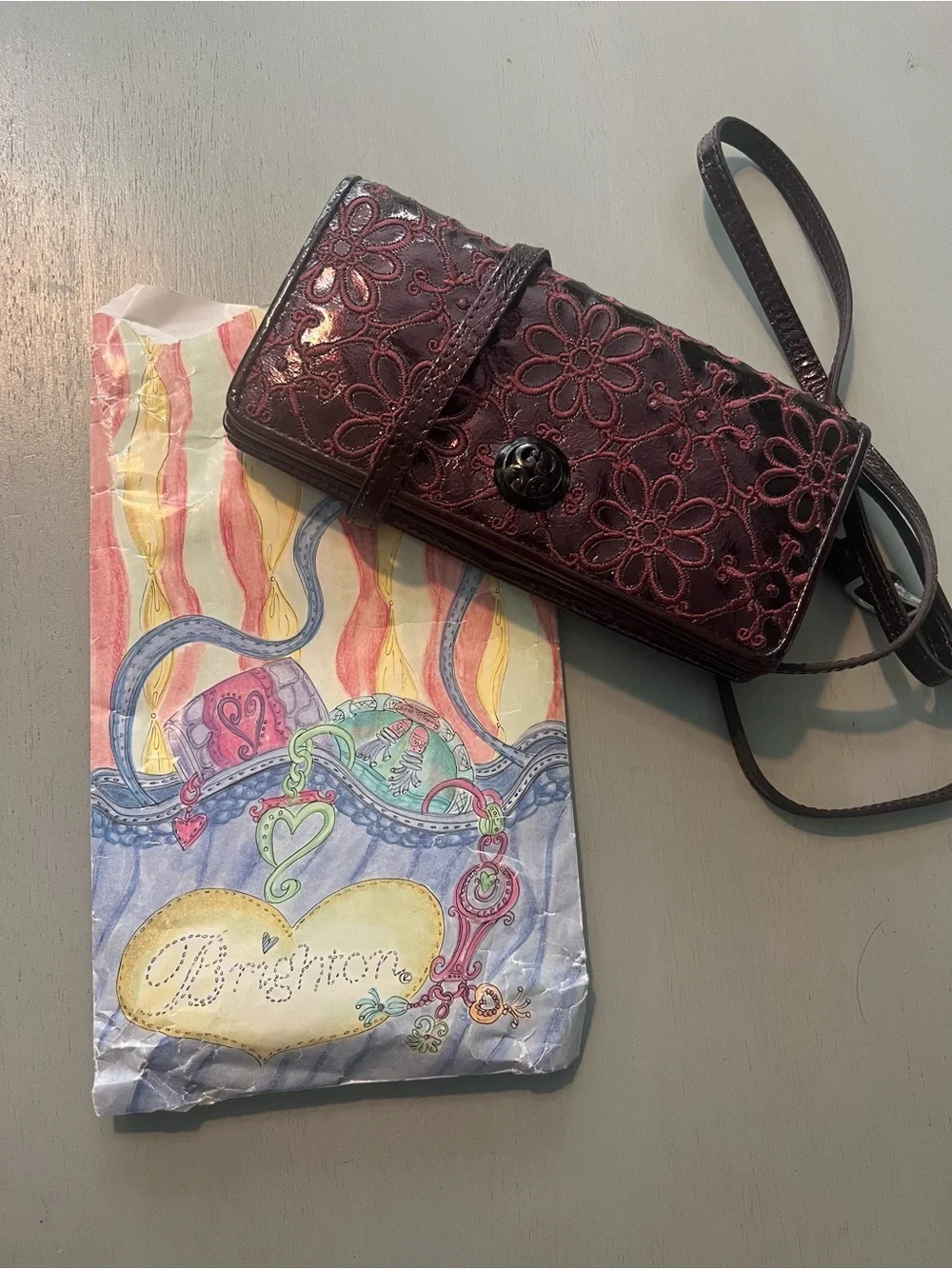 Brighton Metallic Plum Patent Leather Floral Embroidered Crossbody Wallet / Bag